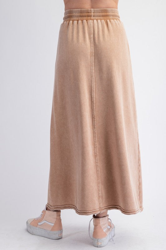 HERE I AM MINERAL WASHED MAXI SKIRT--CAMEL