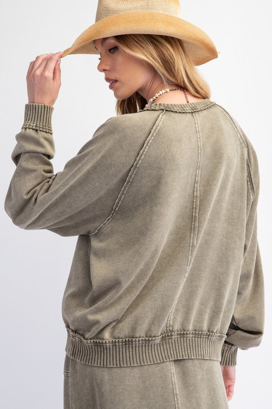 HERE I AM MINERAL WASHED PULLOVER--OLIVE GREEN