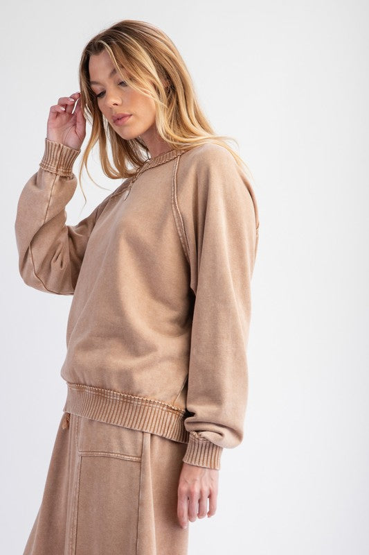 HERE I AM MINERAL WASHED PULLOVER--CAMEL