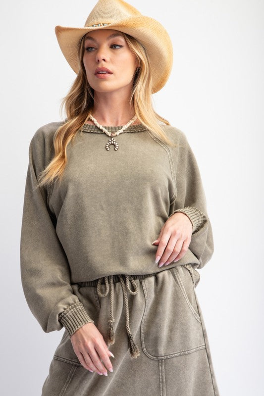 HERE I AM MINERAL WASHED PULLOVER--OLIVE GREEN