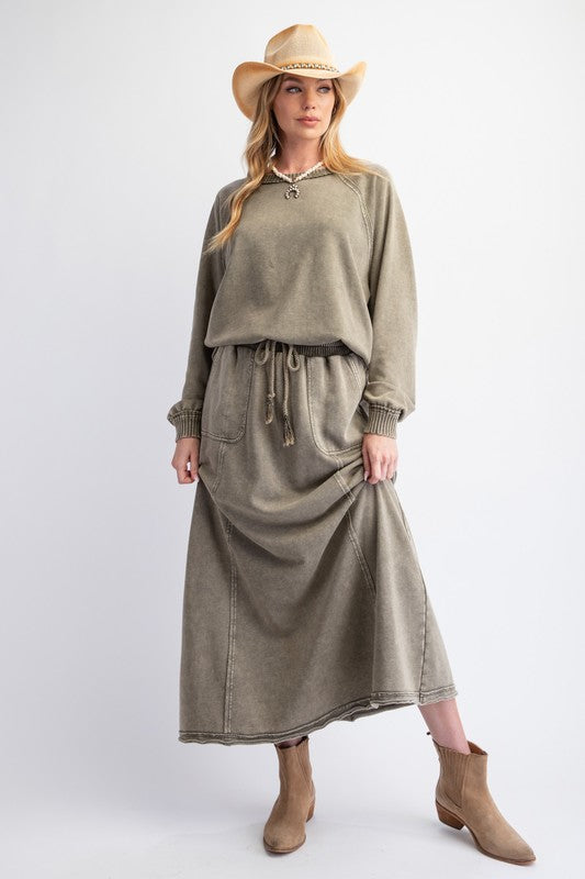 HERE I AM MINERAL WASHED MAXI SKIRT--OLIVE GREEN