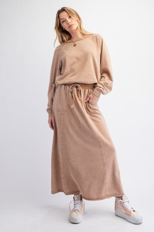 HERE I AM MINERAL WASHED MAXI SKIRT--CAMEL