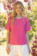 PEARL TRIM BUBBLE SLEEVE TWEED TOP--PINK