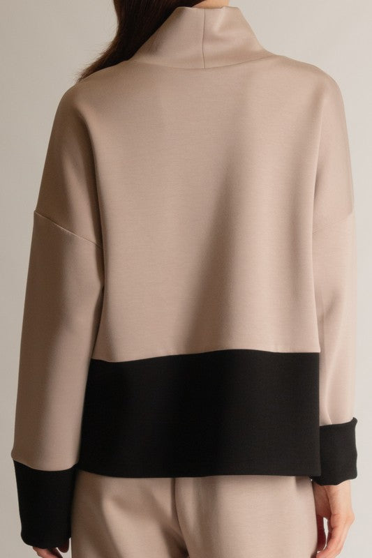 SCUBA MODAL COLOR BLOCK TOP--TAUPE/BLACK