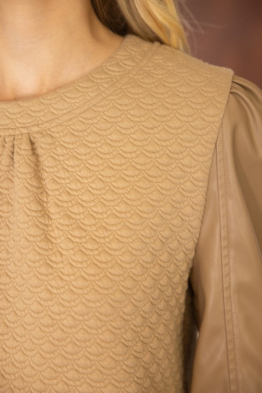 SHAKE IT UP FAUX LEATHER SLEEVES TOP--TAUPE