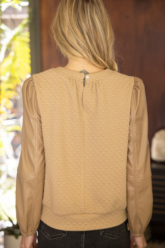 SHAKE IT UP FAUX LEATHER SLEEVES TOP--TAUPE