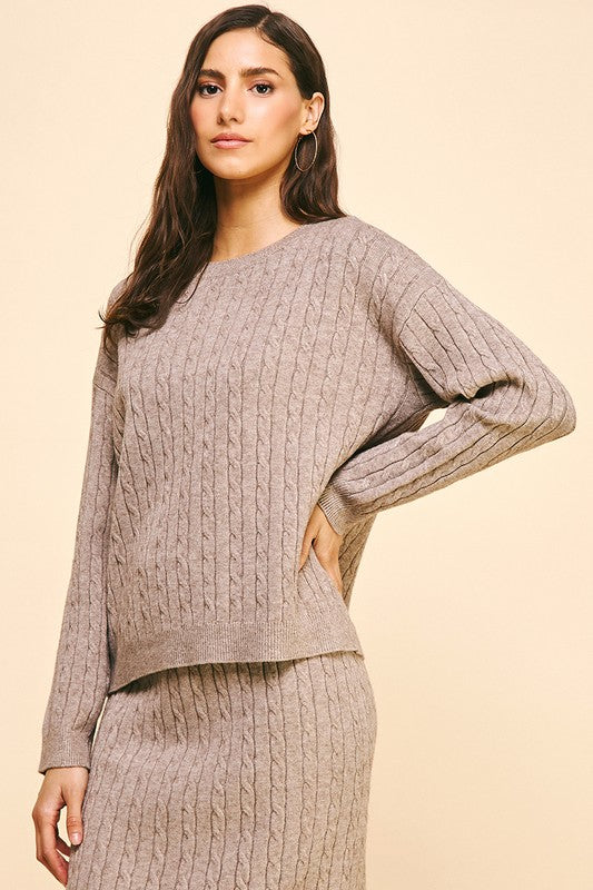 FOR THIS MOMENT CABLE KNIT SWEATER--MOCHA