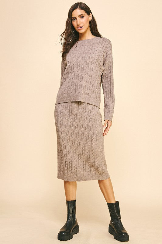 FOR THIS MOMENT CABLE KNIT PENCIL SWEATER SKIRT--MOCHA