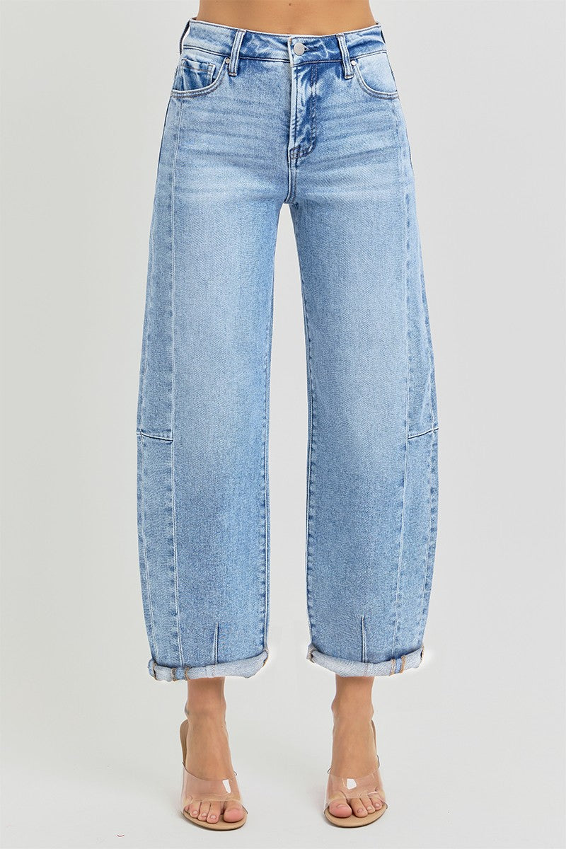 RISEN HIGH RISE BARREL CUFFED JEANS--MEDIUM WASH