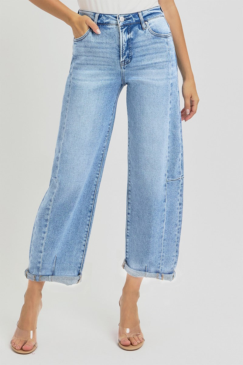 RISEN HIGH RISE BARREL CUFFED JEANS--MEDIUM WASH