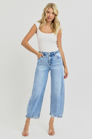 RISEN HIGH RISE BARREL CUFFED JEANS--MEDIUM WASH