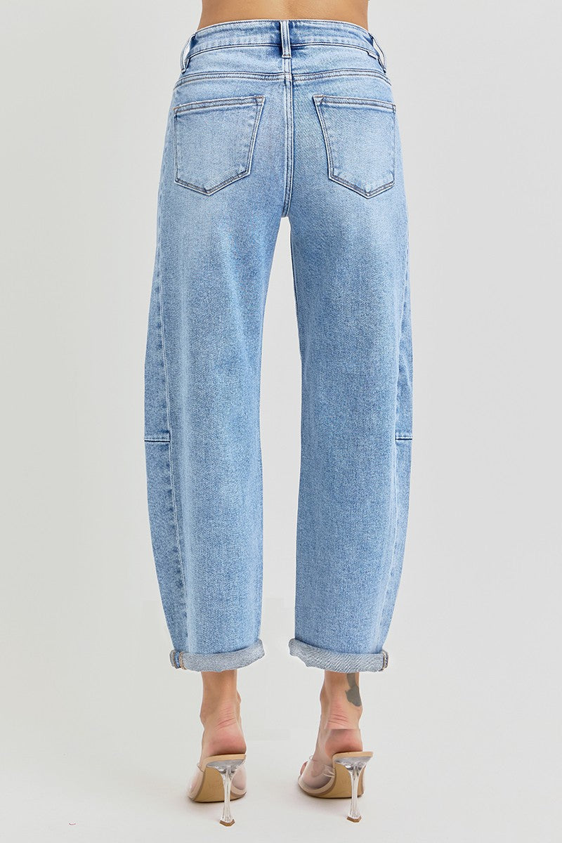 RISEN HIGH RISE BARREL CUFFED JEANS--MEDIUM WASH