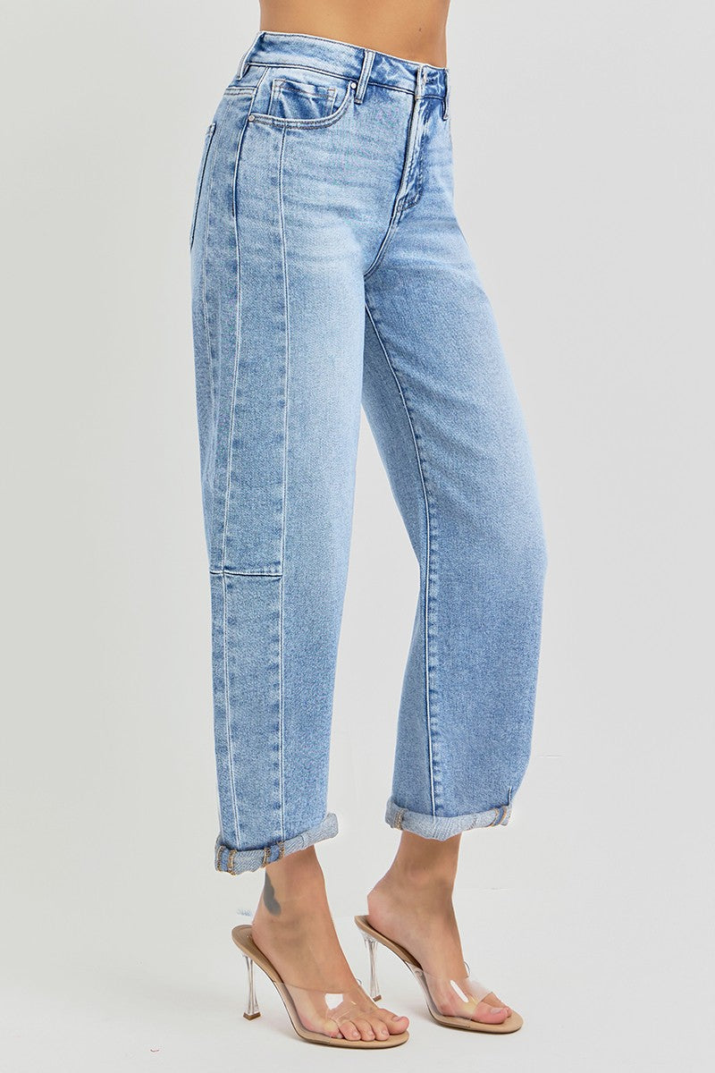 RISEN HIGH RISE BARREL CUFFED JEANS--MEDIUM WASH