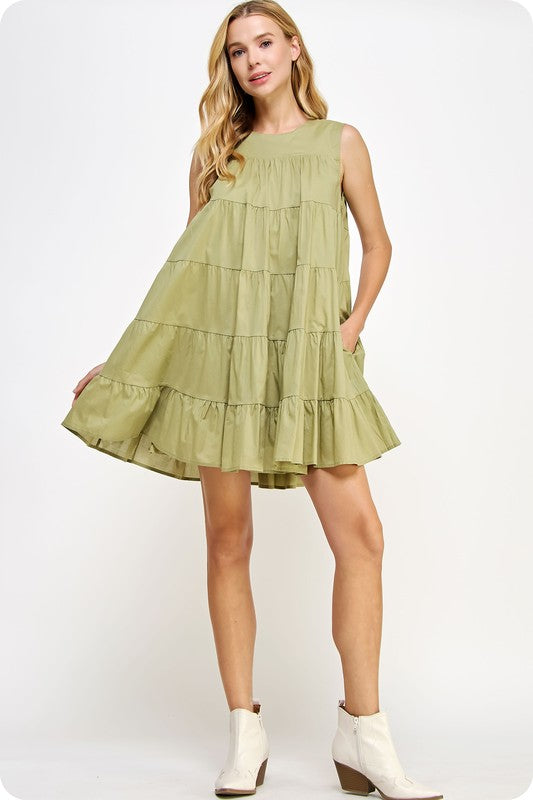 ALL IN FUN SLEEVELESS TIERED MINI DRESS--OLIVE