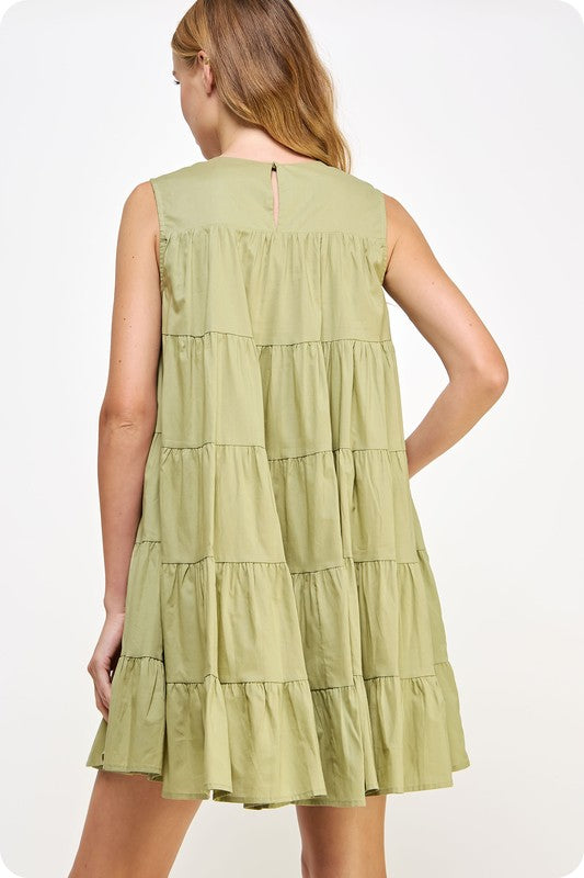 ALL IN FUN SLEEVELESS TIERED MINI DRESS--OLIVE