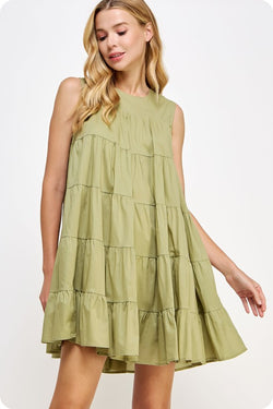 ALL IN FUN SLEEVELESS TIERED MINI DRESS--OLIVE