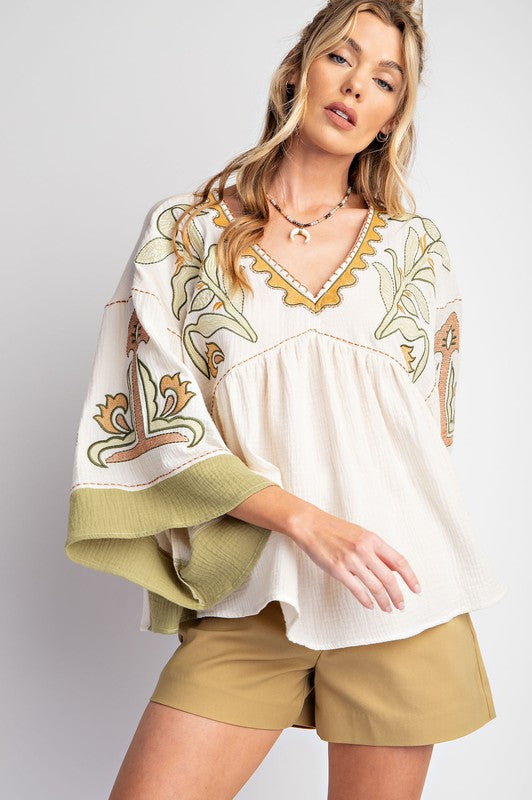 EMBROIDERED V-NECK TOP--NATURAL SAGE