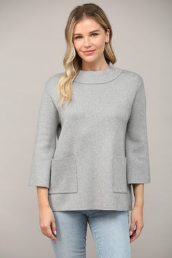 MOCK NECKLINE SHIMMER 3/4 SLEEVE SWEATER--SILVER