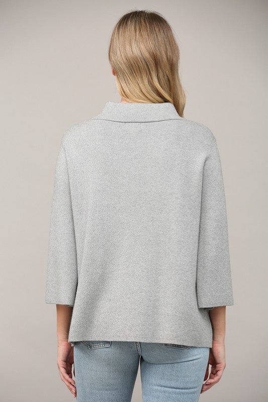 MOCK NECKLINE SHIMMER 3/4 SLEEVE SWEATER--SILVER