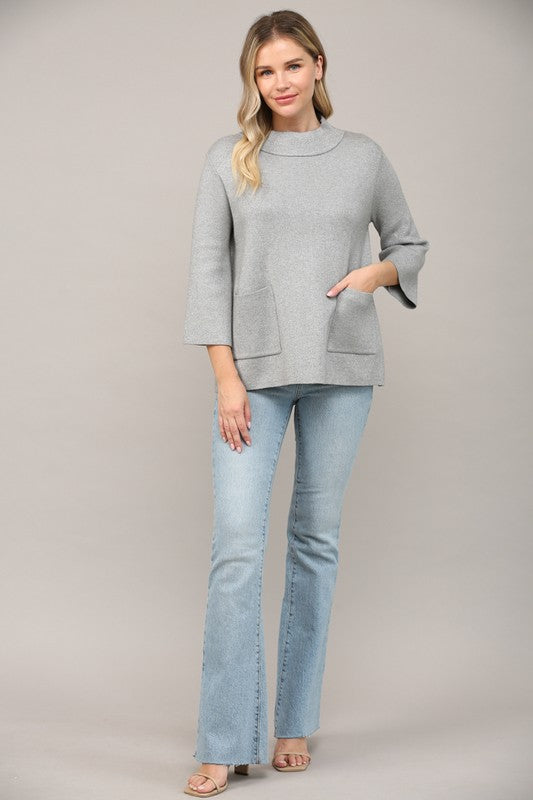 MOCK NECKLINE SHIMMER 3/4 SLEEVE SWEATER--SILVER