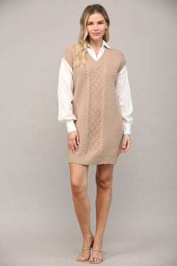 BUSINESS CASUAL CABLE KNIT DRESS--TAUPE