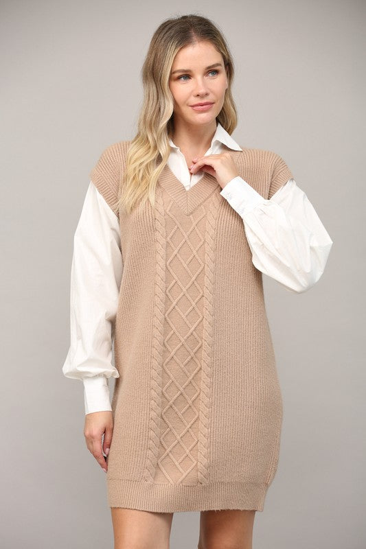 BUSINESS CASUAL CABLE KNIT DRESS--TAUPE