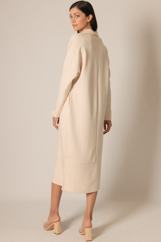 SCUBA MODAL COLLARED LONG SLEEVE DRESS--EGGSHELL