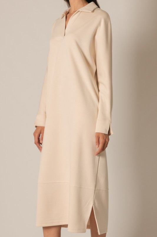 SCUBA MODAL COLLARED LONG SLEEVE DRESS--EGGSHELL