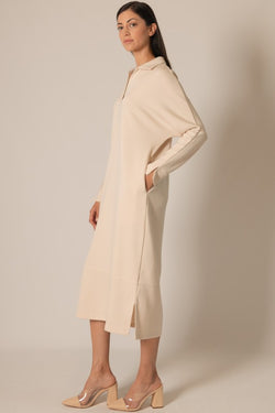 SCUBA MODAL COLLARED LONG SLEEVE DRESS--EGGSHELL