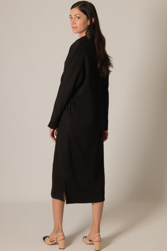 SCUBA MODAL COLLARED LONG SLEEVE DRESS--BLACK