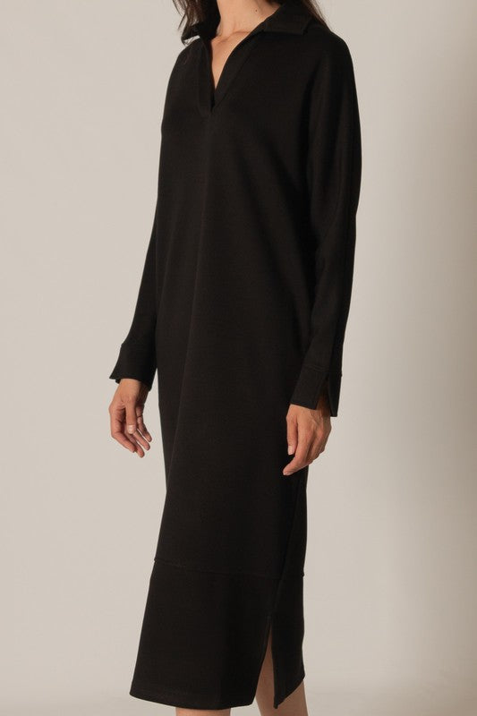 SCUBA MODAL COLLARED LONG SLEEVE DRESS--BLACK