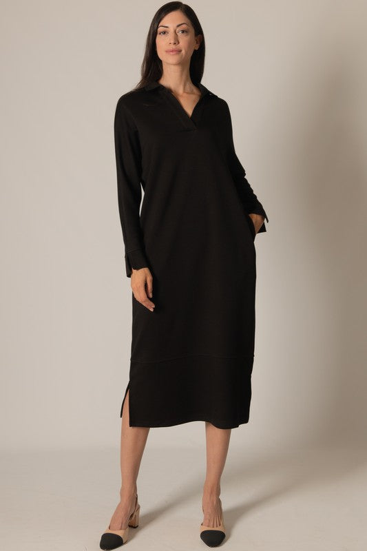 SCUBA MODAL COLLARED LONG SLEEVE DRESS--BLACK