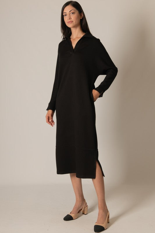 SCUBA MODAL COLLARED LONG SLEEVE DRESS--BLACK