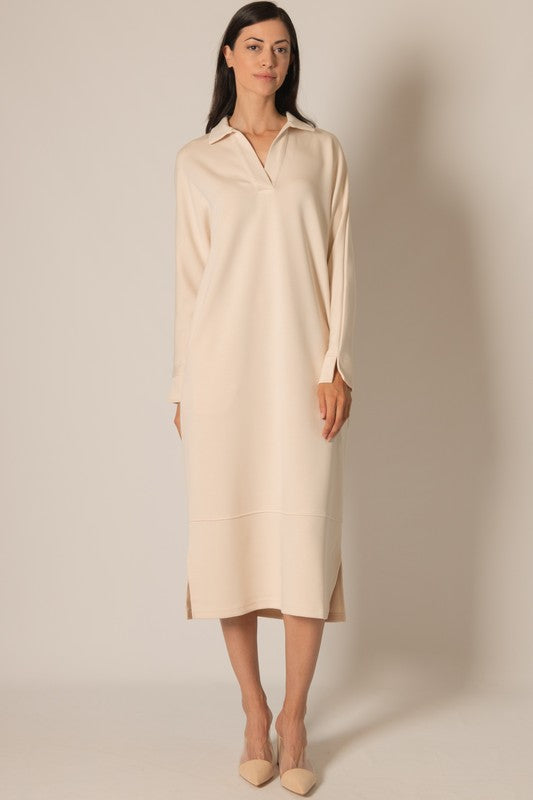 SCUBA MODAL COLLARED LONG SLEEVE DRESS--EGGSHELL