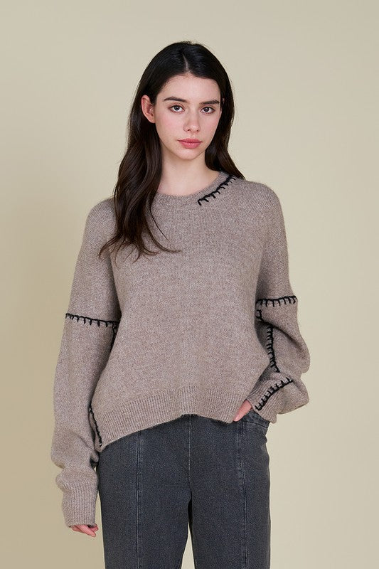 COZY CAMPFIRE WHIPSTICH SWEATER--GREIGE