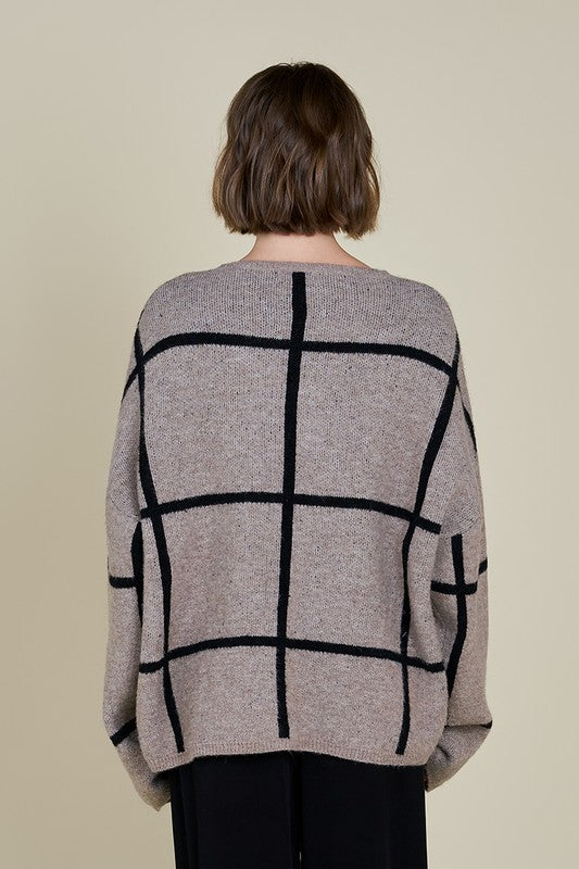 THAT'S A WRAP OVERSIZED GRID SWEATER--GREIGE