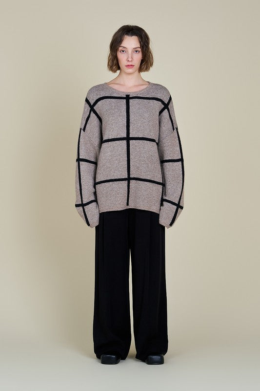 THAT'S A WRAP OVERSIZED GRID SWEATER--GREIGE