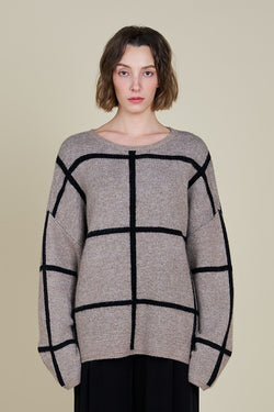 THAT'S A WRAP OVERSIZED GRID SWEATER--GREIGE