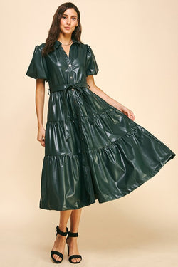 CITY GIRL TIERED FAUX LEATHER MIDI DRESS--HUNTER GREEN