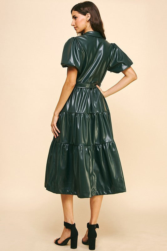 CITY GIRL TIERED FAUX LEATHER MIDI DRESS--HUNTER GREEN