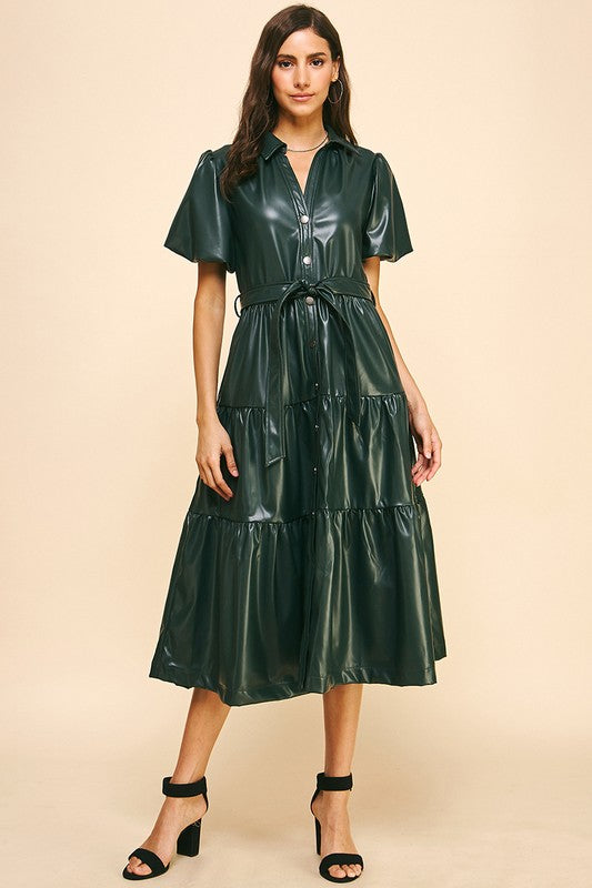 CITY GIRL TIERED FAUX LEATHER MIDI DRESS--HUNTER GREEN