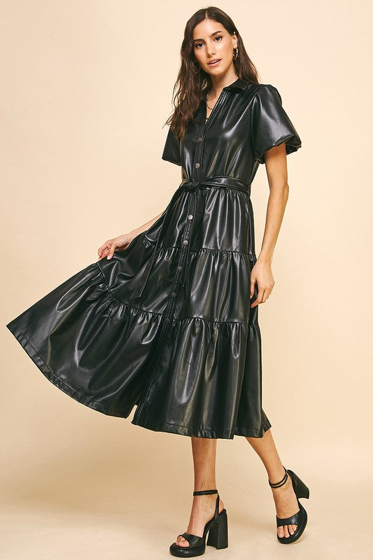 CITY GIRL TIERED FAUX LEATHER MIDI DRESS--BLACK