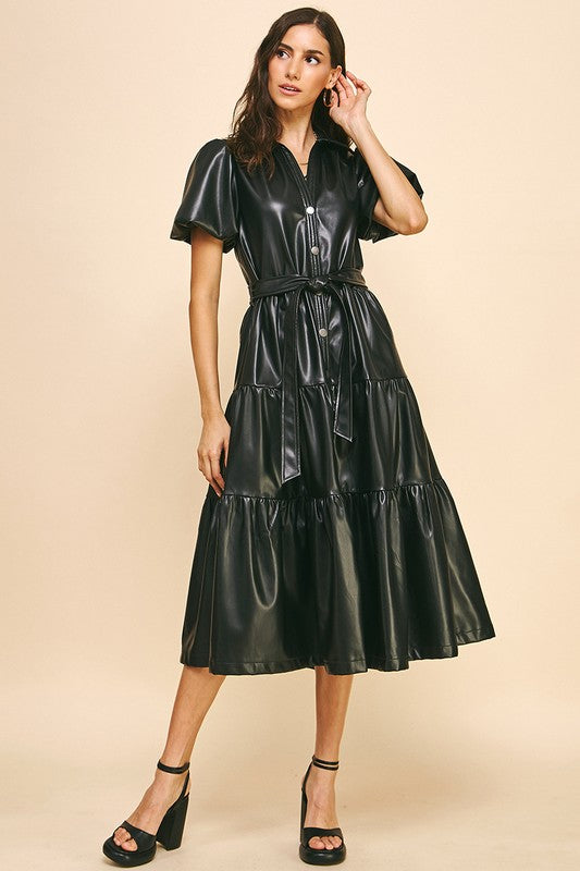 CITY GIRL TIERED FAUX LEATHER MIDI DRESS--BLACK