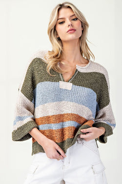STRIPED 3/4 SLEEVE SPRING SWEATER--ECRU MIX