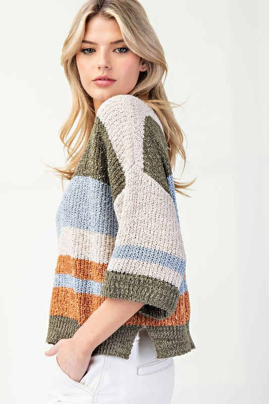 STRIPED 3/4 SLEEVE SPRING SWEATER--ECRU MIX