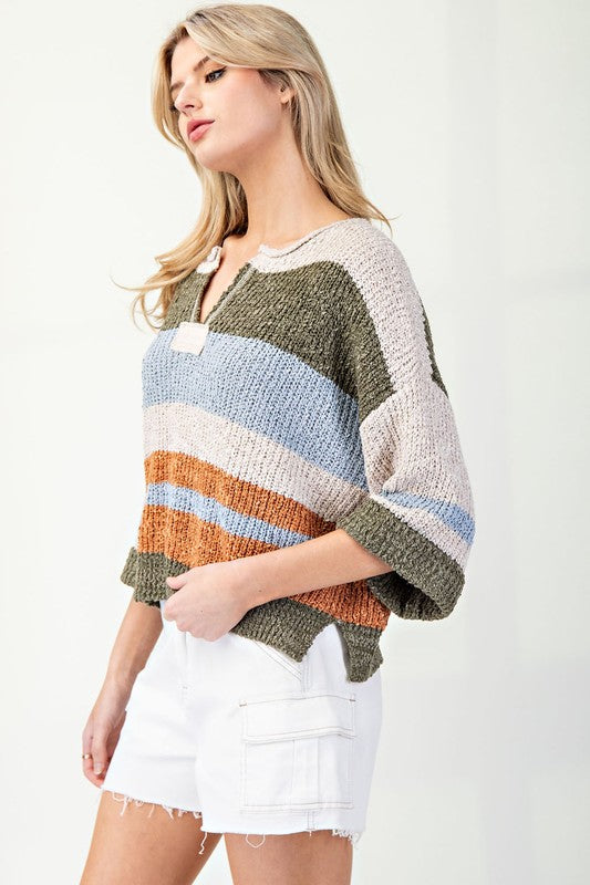 STRIPED 3/4 SLEEVE SPRING SWEATER--ECRU MIX