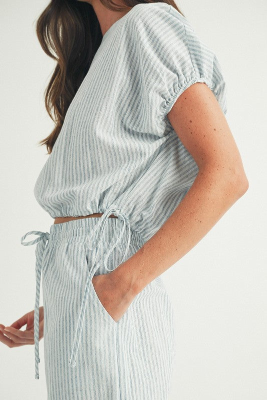 CAP SLEEVE TIE HEM STRIPED TOP--BLUE