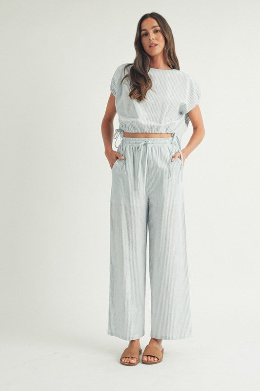 STRIPED LINEN WIDE LEG PANTS--BLUE