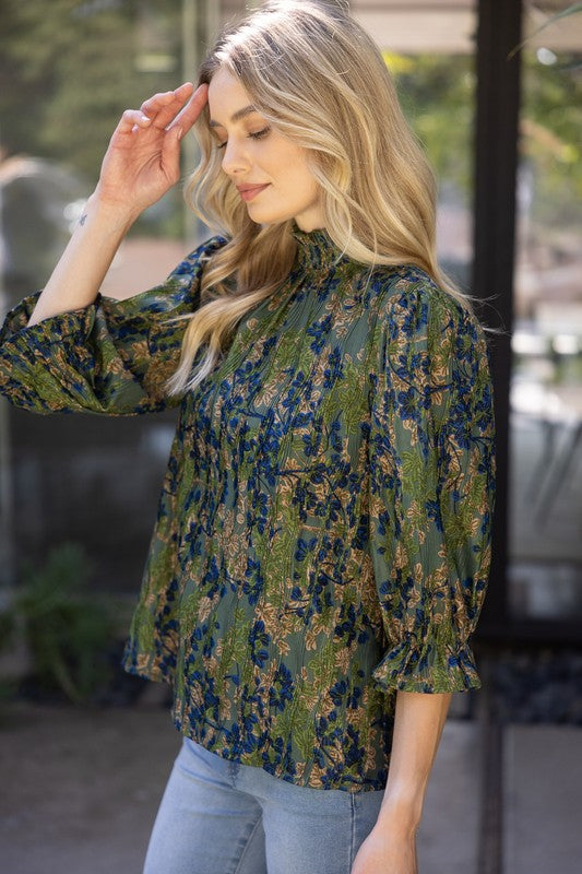 FALLING FOR YOU SMOCKED NECK TOP--OLIVE/NAVY MIX