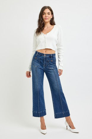RISEN HIGH RISE PINTUCK CROP WIDE JEANS--DARK